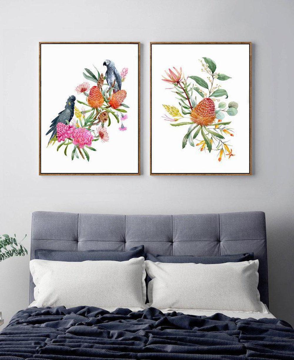 Watercolour Bouquet, Banksias,Protea Leaves, Eucalyptus, Parrot And Cockatoo, Set Of 2 - Image 5